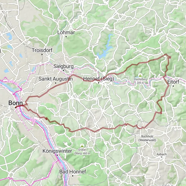 Map miniature of "Bonn to Hennef Gravel Cycling Route" cycling inspiration in Köln, Germany. Generated by Tarmacs.app cycling route planner