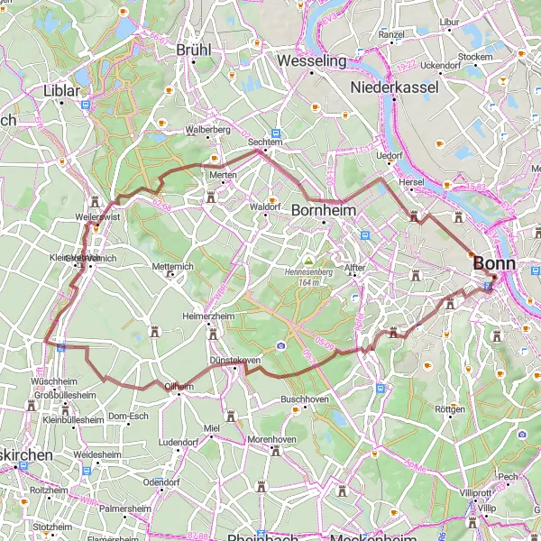 Map miniature of "Bonn to Weilerswist Gravel Cycling Route" cycling inspiration in Köln, Germany. Generated by Tarmacs.app cycling route planner