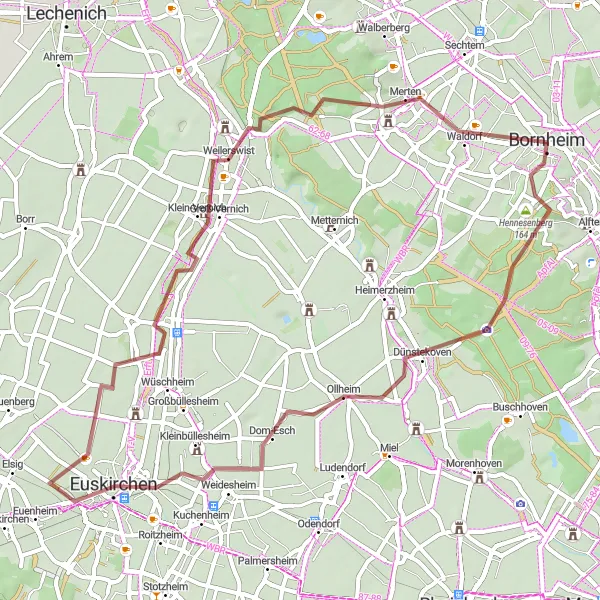 Map miniature of "Gravel Adventure through Bornheim and Weilerswist" cycling inspiration in Köln, Germany. Generated by Tarmacs.app cycling route planner