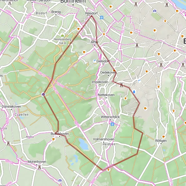 Map miniature of "Gravel Adventure from Bornheim" cycling inspiration in Köln, Germany. Generated by Tarmacs.app cycling route planner