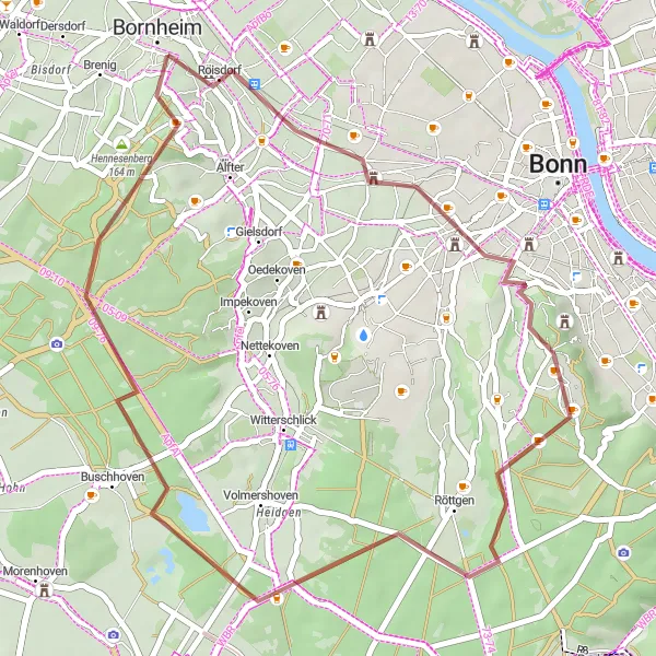 Map miniature of "Roisdorf Gravel Adventure" cycling inspiration in Köln, Germany. Generated by Tarmacs.app cycling route planner