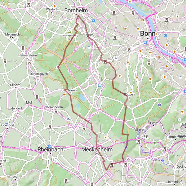 Map miniature of "Meckenheim Exploratory Gravel Loop" cycling inspiration in Köln, Germany. Generated by Tarmacs.app cycling route planner
