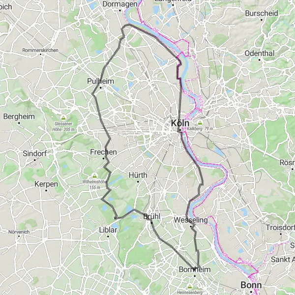 Map miniature of "Scenic Road Cycling Tour from Bornheim" cycling inspiration in Köln, Germany. Generated by Tarmacs.app cycling route planner