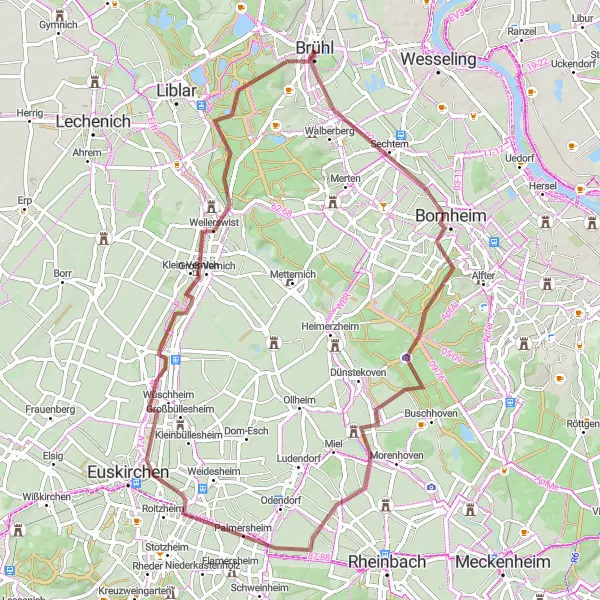 Map miniature of "Exploring the Countryside" cycling inspiration in Köln, Germany. Generated by Tarmacs.app cycling route planner