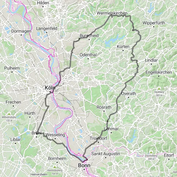 Karten-Miniaturansicht der Radinspiration "Herausfordernde Tour durch das Bergische Land" in Köln, Germany. Erstellt vom Tarmacs.app-Routenplaner für Radtouren
