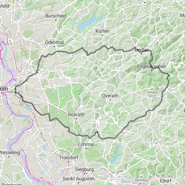 Karten-Miniaturansicht der Radinspiration "Herausfordernde Tour durch Dellbrück und Much" in Köln, Germany. Erstellt vom Tarmacs.app-Routenplaner für Radtouren