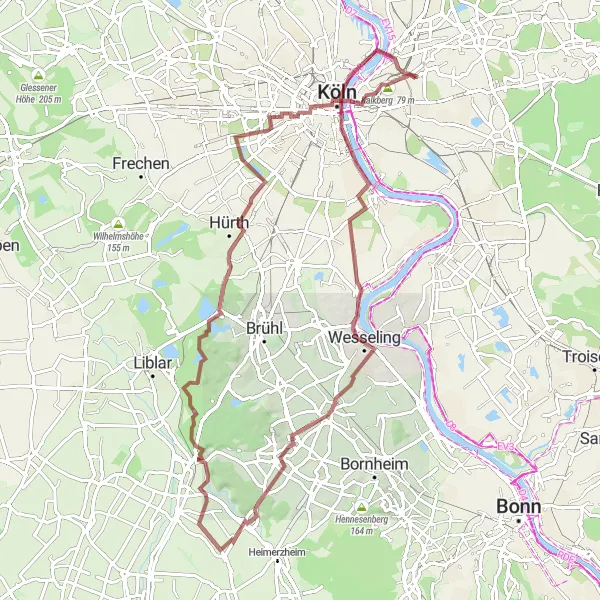 Map miniature of "Hidden Gravel Gems" cycling inspiration in Köln, Germany. Generated by Tarmacs.app cycling route planner