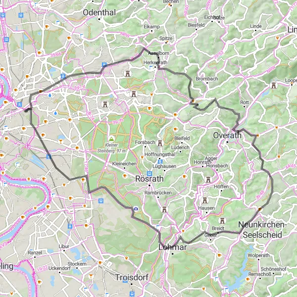 Map miniature of "Spectacular Road Views" cycling inspiration in Köln, Germany. Generated by Tarmacs.app cycling route planner