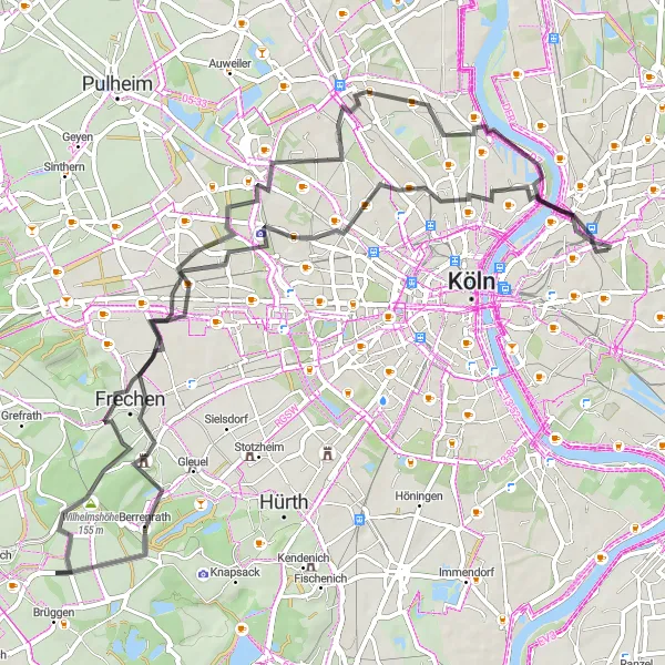 Map miniature of "The Road Escape" cycling inspiration in Köln, Germany. Generated by Tarmacs.app cycling route planner