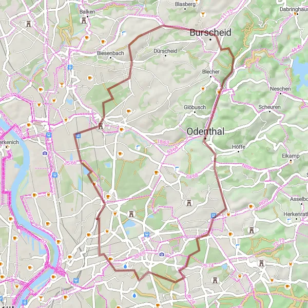 Karten-Miniaturansicht der Radinspiration "Gravel-Tour durch Bergisch Gladbach und Burscheid" in Köln, Germany. Erstellt vom Tarmacs.app-Routenplaner für Radtouren