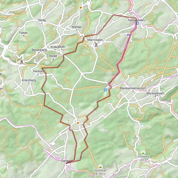 Map miniature of "Dahlem - Steinfelder Berg - Nettersheim - Via Agrippa - Recherhof - Heidenkopf I Round-Trip" cycling inspiration in Köln, Germany. Generated by Tarmacs.app cycling route planner