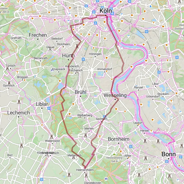 Map miniature of "Gravel Adventure through Cologne" cycling inspiration in Köln, Germany. Generated by Tarmacs.app cycling route planner