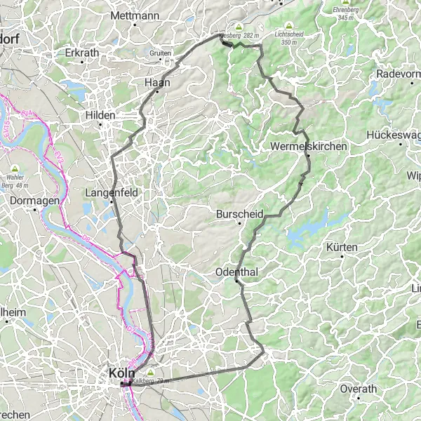 Karten-Miniaturansicht der Radinspiration "Rheinlandschaft und Bergisches Land" in Köln, Germany. Erstellt vom Tarmacs.app-Routenplaner für Radtouren