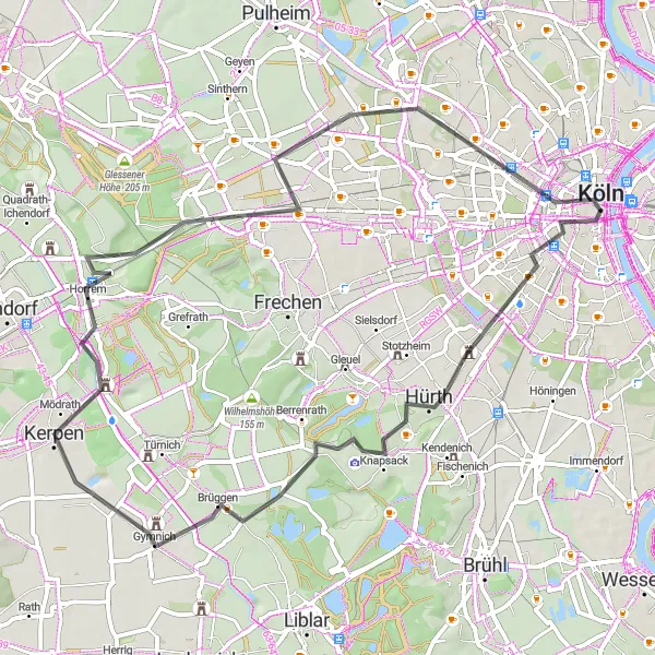 Map miniature of "Hürth and Beyond" cycling inspiration in Köln, Germany. Generated by Tarmacs.app cycling route planner