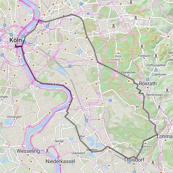 Map miniature of "Deutz Along the Rhine" cycling inspiration in Köln, Germany. Generated by Tarmacs.app cycling route planner