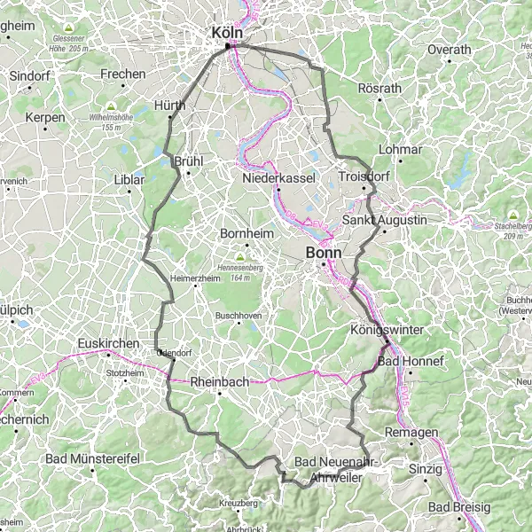 Karten-Miniaturansicht der Radinspiration "Rheintal und Siebengebirge" in Köln, Germany. Erstellt vom Tarmacs.app-Routenplaner für Radtouren