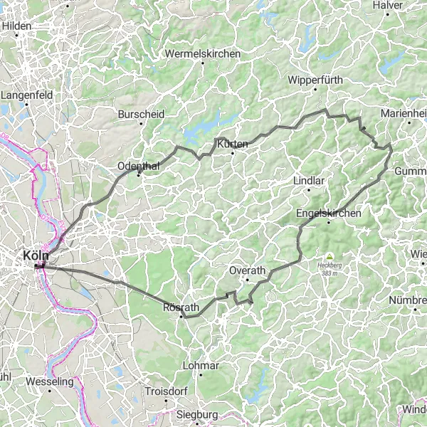 Map miniature of "Aggertal Classic" cycling inspiration in Köln, Germany. Generated by Tarmacs.app cycling route planner