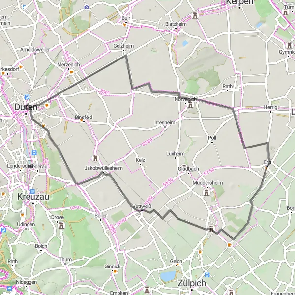 Map miniature of "Hidden Castles and Traditional Villages" cycling inspiration in Köln, Germany. Generated by Tarmacs.app cycling route planner