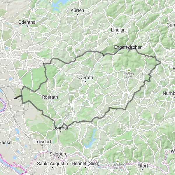 Map miniature of "The Bergisches Intermediate Challenge" cycling inspiration in Köln, Germany. Generated by Tarmacs.app cycling route planner
