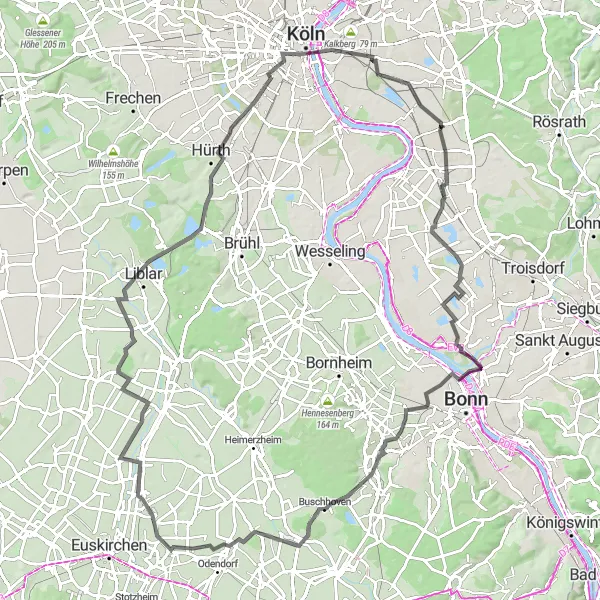 Map miniature of "Road Cycling Paradise" cycling inspiration in Köln, Germany. Generated by Tarmacs.app cycling route planner