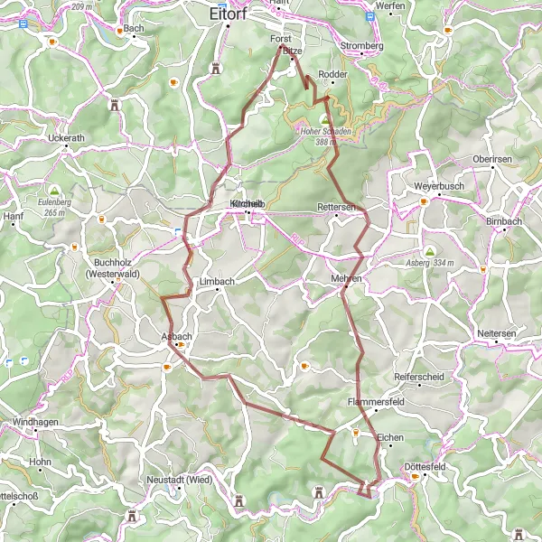 Karten-Miniaturansicht der Radinspiration "Gravelroute durch Hoher Schaden und Mühleip ab Eitorf" in Köln, Germany. Erstellt vom Tarmacs.app-Routenplaner für Radtouren