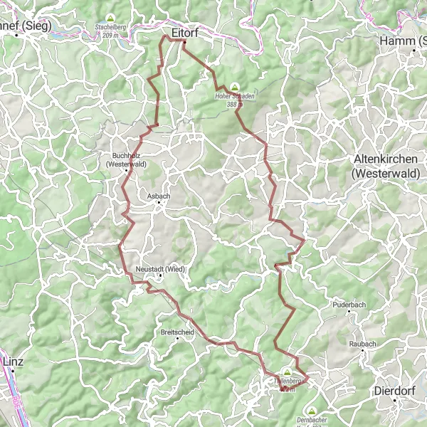 Map miniature of "The Wild Asphalt Adventure" cycling inspiration in Köln, Germany. Generated by Tarmacs.app cycling route planner