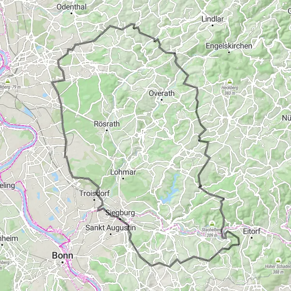 Karten-Miniaturansicht der Radinspiration "Rund um das Bergische Land" in Köln, Germany. Erstellt vom Tarmacs.app-Routenplaner für Radtouren