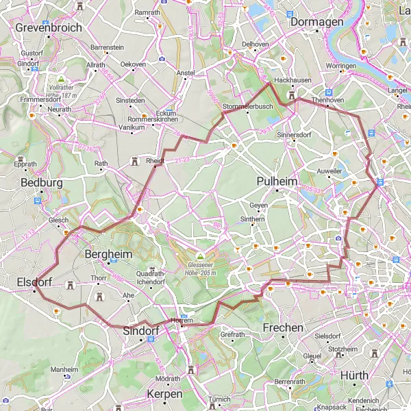 Map miniature of "Gravel Adventure to Vogelsang" cycling inspiration in Köln, Germany. Generated by Tarmacs.app cycling route planner