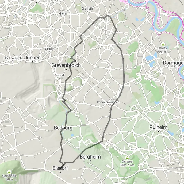 Map miniature of "Grevenbroich Delights" cycling inspiration in Köln, Germany. Generated by Tarmacs.app cycling route planner