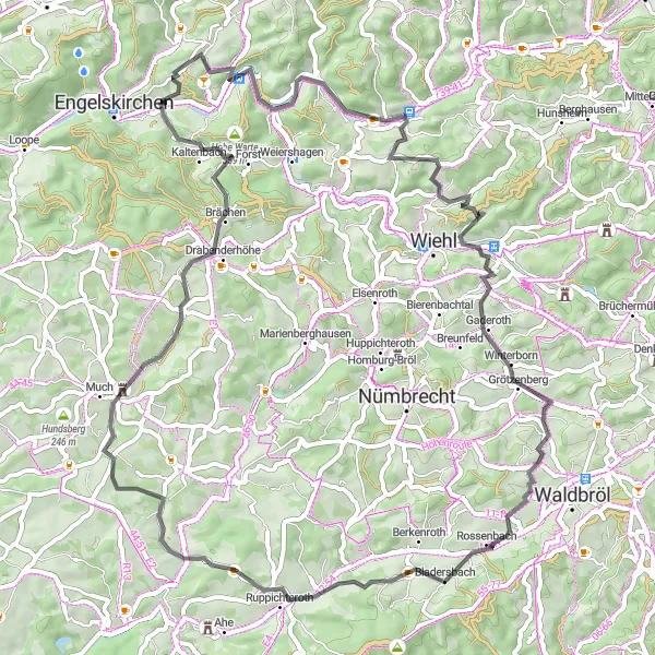 Map miniature of "Engelskirchen Adventure" cycling inspiration in Köln, Germany. Generated by Tarmacs.app cycling route planner