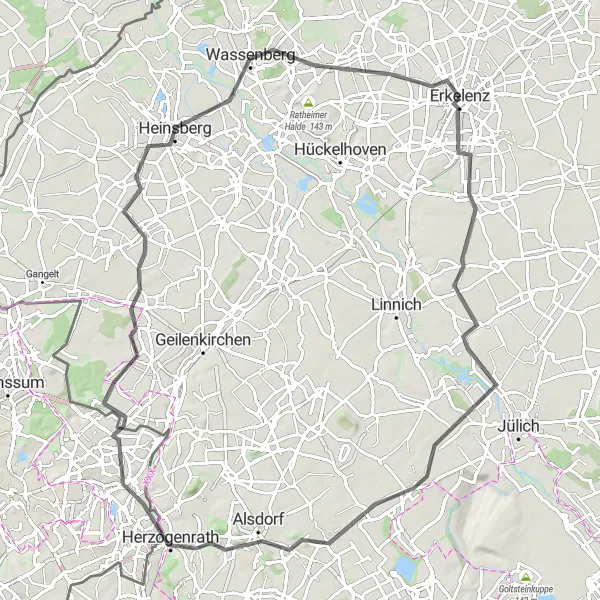 Map miniature of "Historical Aldenhoven Loop" cycling inspiration in Köln, Germany. Generated by Tarmacs.app cycling route planner