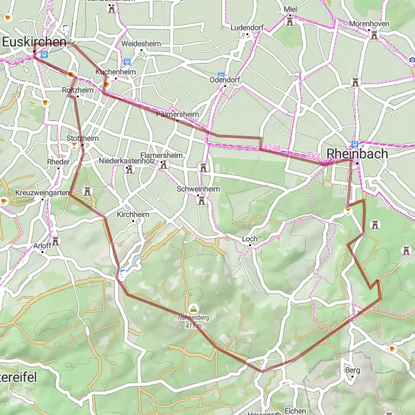 Map miniature of "Gravel route through Euskirchen" cycling inspiration in Köln, Germany. Generated by Tarmacs.app cycling route planner