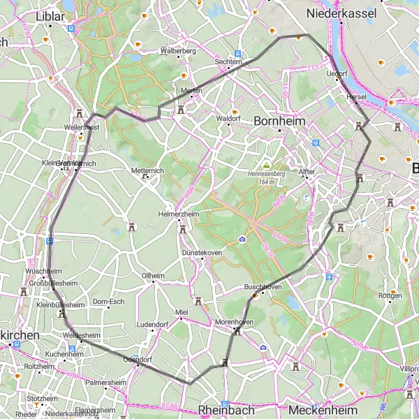 Map miniature of "Picturesque Road Ride" cycling inspiration in Köln, Germany. Generated by Tarmacs.app cycling route planner