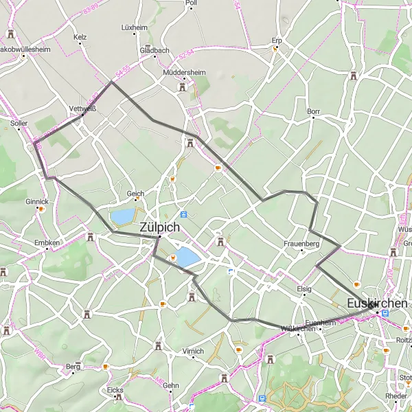 Map miniature of "Schievelsberg and Zülpich Loop" cycling inspiration in Köln, Germany. Generated by Tarmacs.app cycling route planner