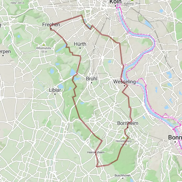 Map miniature of "The Frechen Gravel Adventure" cycling inspiration in Köln, Germany. Generated by Tarmacs.app cycling route planner