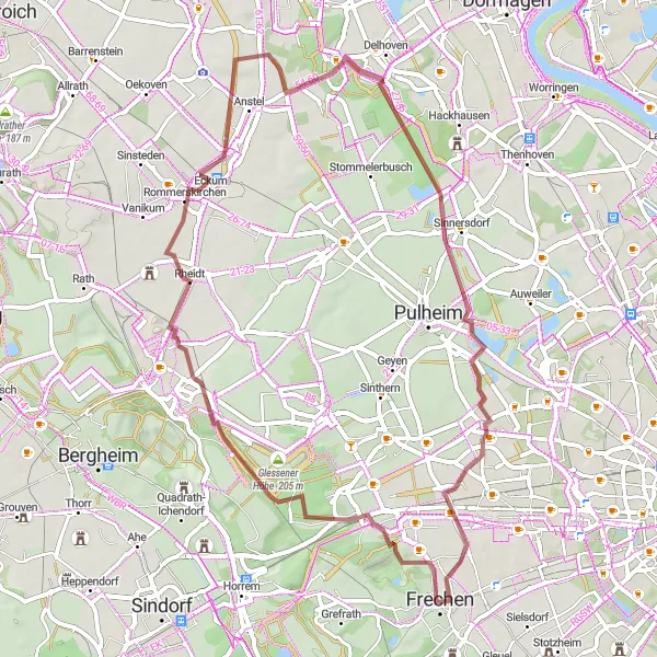 Map miniature of "Scenic Gravel Ride near Frechen" cycling inspiration in Köln, Germany. Generated by Tarmacs.app cycling route planner