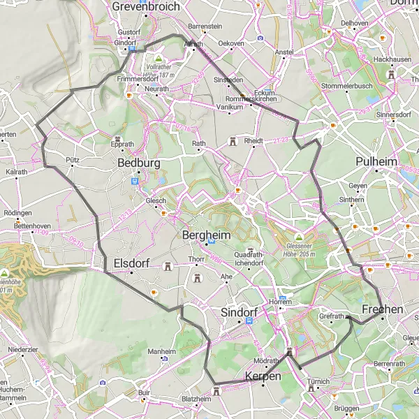 Map miniature of "Exploring Kerpen and Beyond" cycling inspiration in Köln, Germany. Generated by Tarmacs.app cycling route planner