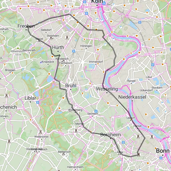 Map miniature of "Cologne and its Surroundings" cycling inspiration in Köln, Germany. Generated by Tarmacs.app cycling route planner