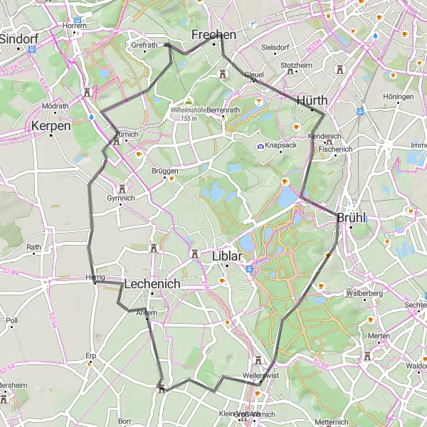 Map miniature of "Scenic Tour through Hürth and Weilerswist" cycling inspiration in Köln, Germany. Generated by Tarmacs.app cycling route planner