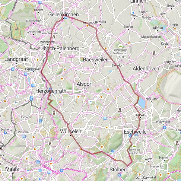 Map miniature of "Challenging Gravel Route near Geilenkirchen" cycling inspiration in Köln, Germany. Generated by Tarmacs.app cycling route planner