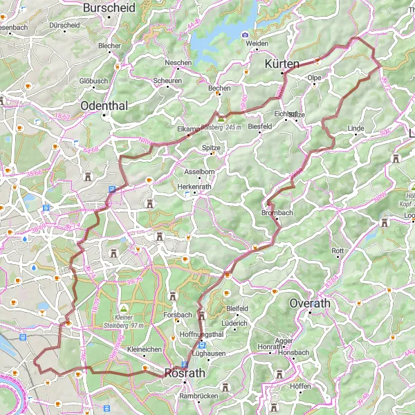 Karten-Miniaturansicht der Radinspiration "Gravel-Abenteuer von Bergisch Gladbach bis zum Leienberg" in Köln, Germany. Erstellt vom Tarmacs.app-Routenplaner für Radtouren