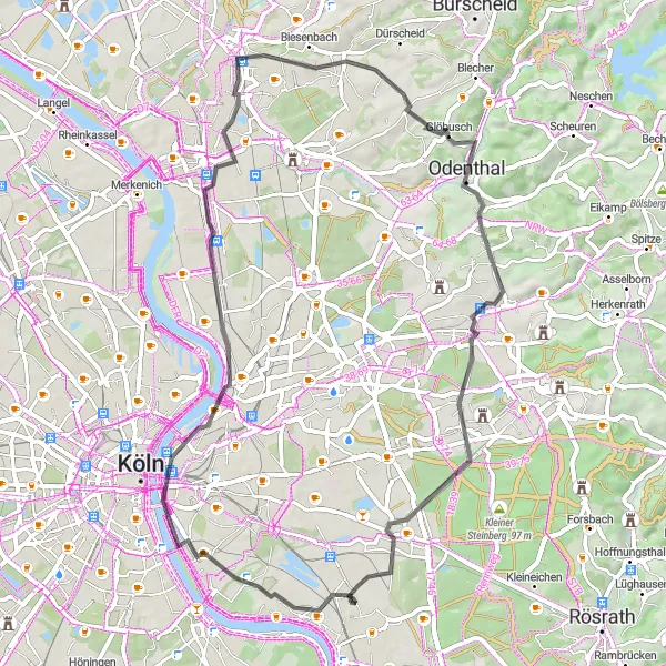 Map miniature of "The Road Explorer" cycling inspiration in Köln, Germany. Generated by Tarmacs.app cycling route planner
