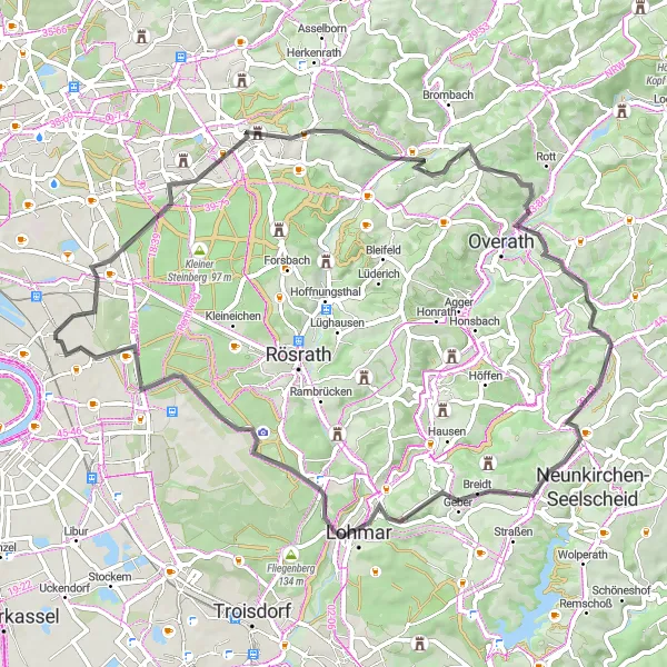 Map miniature of "Road to Discovery" cycling inspiration in Köln, Germany. Generated by Tarmacs.app cycling route planner