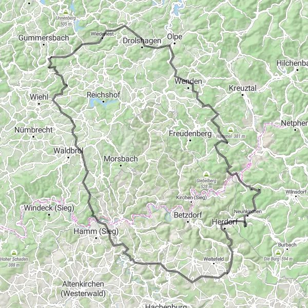 Map miniature of "Ultimate Challenge: Herrnscheid to Baiershahnshöchsten" cycling inspiration in Köln, Germany. Generated by Tarmacs.app cycling route planner