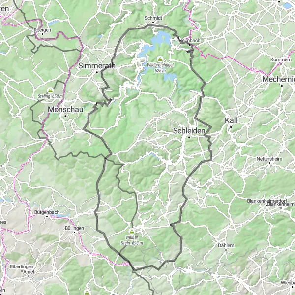 Map miniature of "Exploring the Hills of Heimbach" cycling inspiration in Köln, Germany. Generated by Tarmacs.app cycling route planner