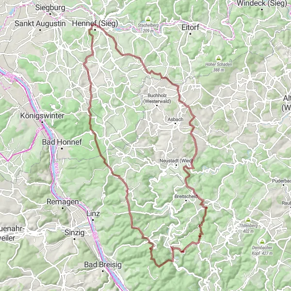 Map miniature of "Hennef Gravel Adventure to Lichtenberg Hill" cycling inspiration in Köln, Germany. Generated by Tarmacs.app cycling route planner
