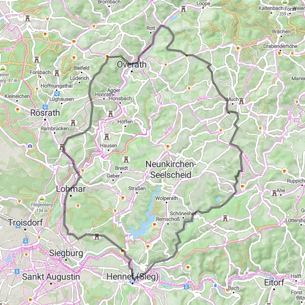 Map miniature of "Hennef to Historic Allner Mühle" cycling inspiration in Köln, Germany. Generated by Tarmacs.app cycling route planner