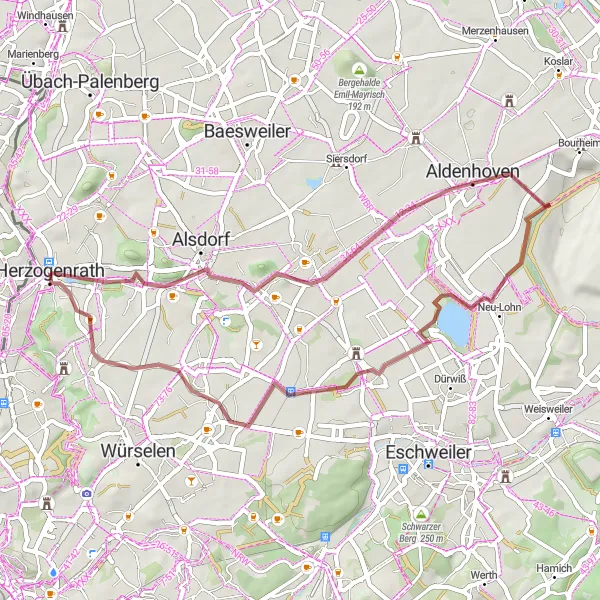 Map miniature of "Gravel route through Kalvarienberg and Tagebau Inden" cycling inspiration in Köln, Germany. Generated by Tarmacs.app cycling route planner