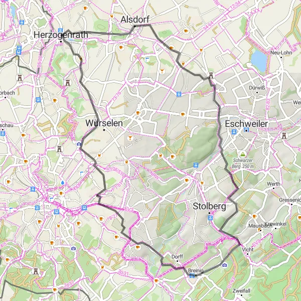 Map miniature of "Road cycling route through Haaren and Gouley" cycling inspiration in Köln, Germany. Generated by Tarmacs.app cycling route planner