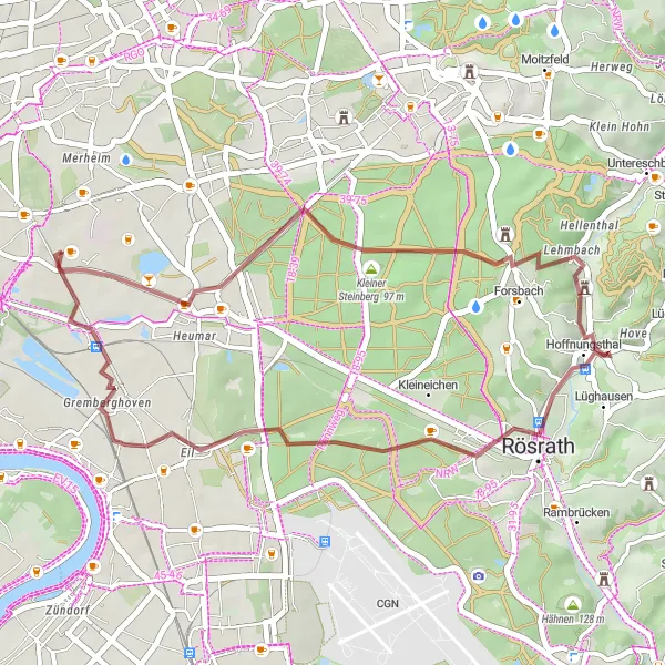 Map miniature of "The Gravel Adventure: Kleiner Steinberg Loop" cycling inspiration in Köln, Germany. Generated by Tarmacs.app cycling route planner